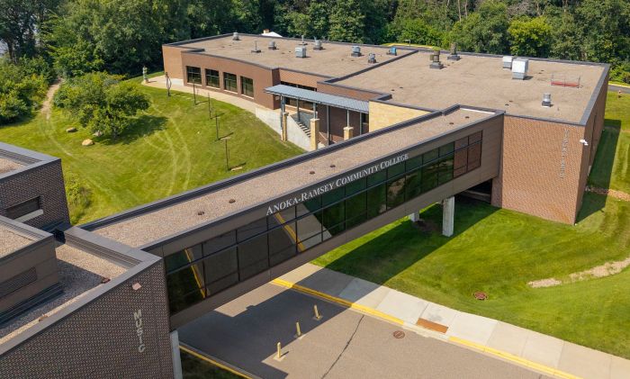 Aerial view of Coon Rapids Campus Skyway to Visual Arts Center