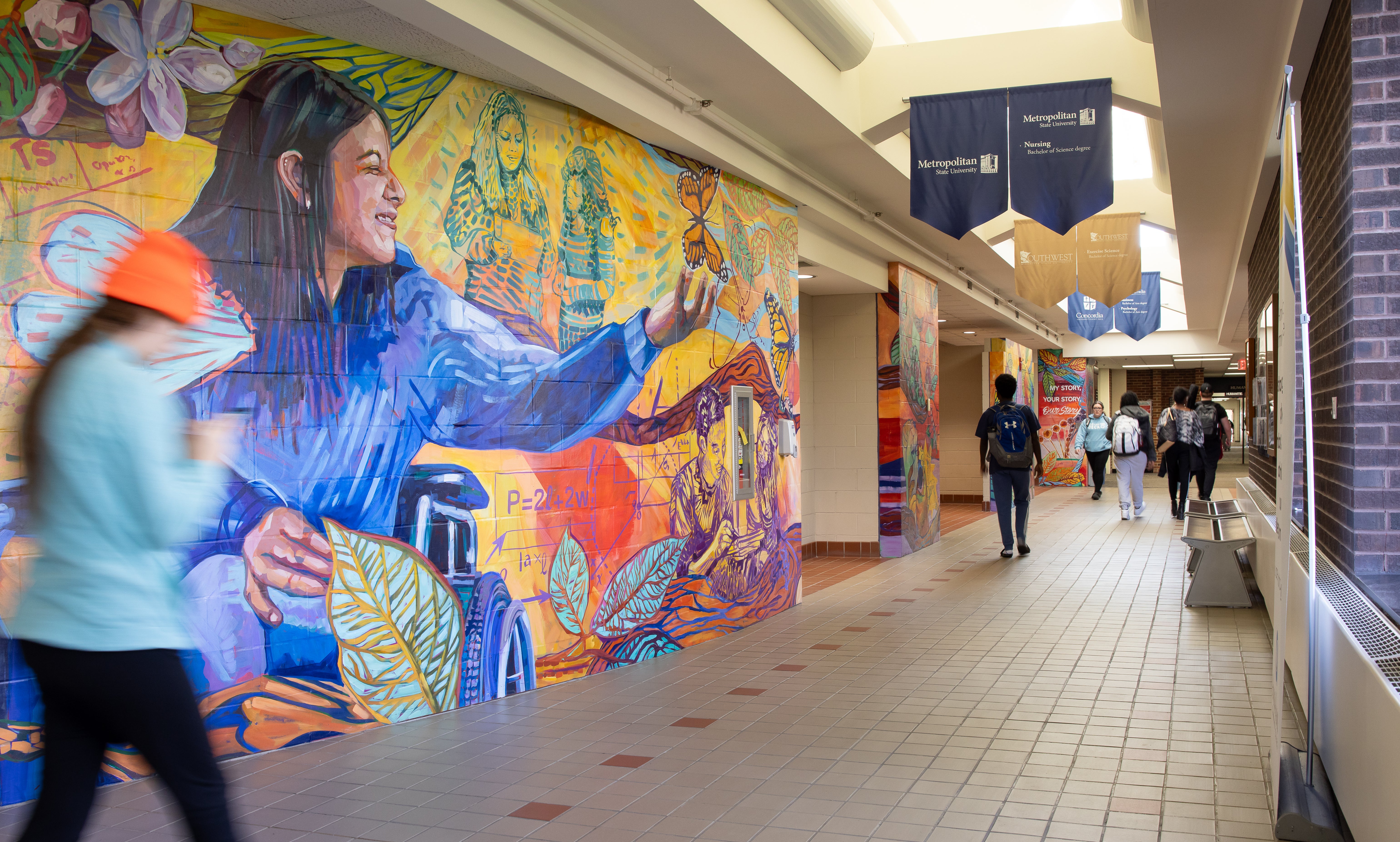 Business Nursing building hallway mural students walking