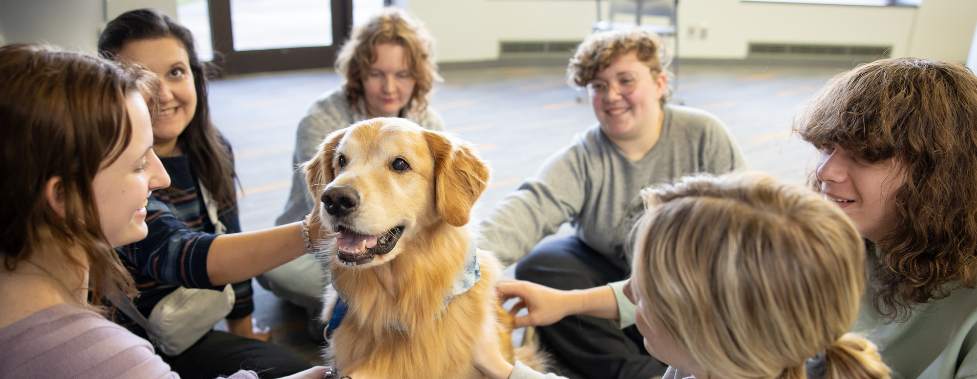 Six students sitting in a circle on the ground petting a golden retriever in the middle