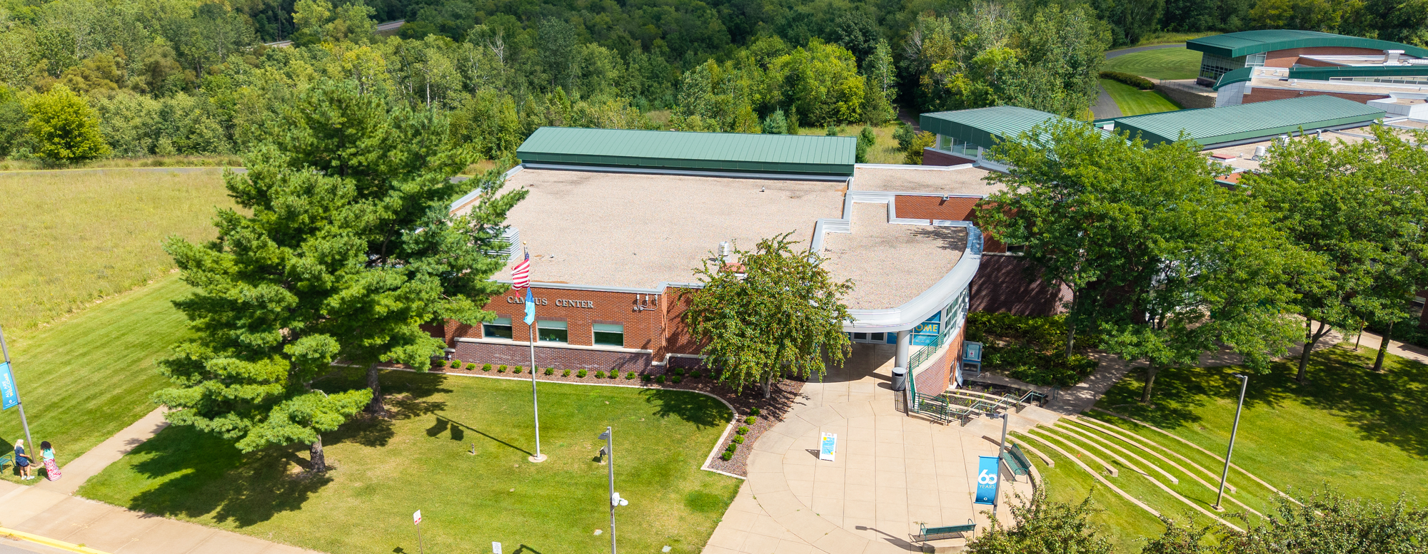 Aerial view of the Cambridge Campus entrance