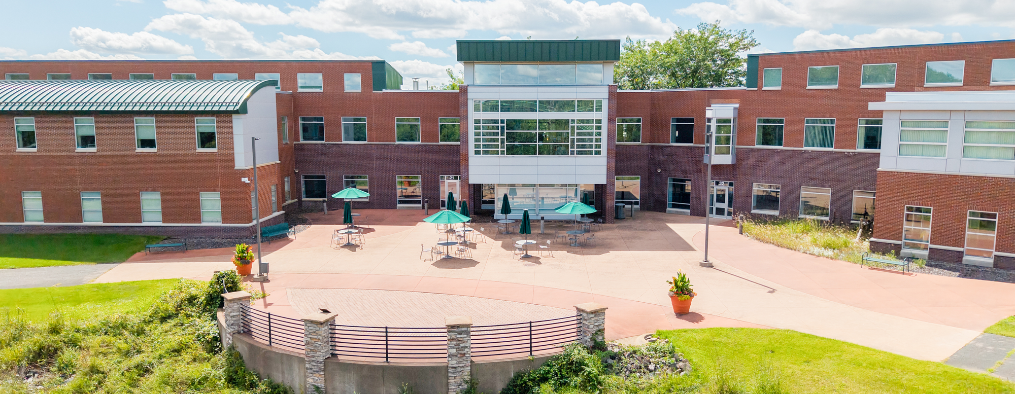 Aerial view of the Cambridge Campus patio
