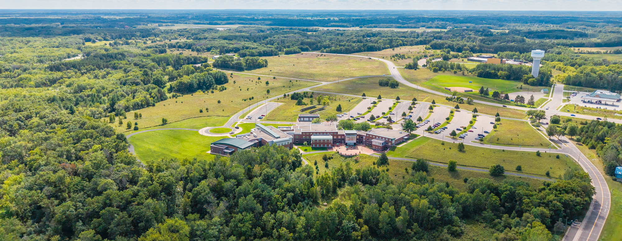 Wide angle view of Cambridge Campus and surrounding area from East facing West.