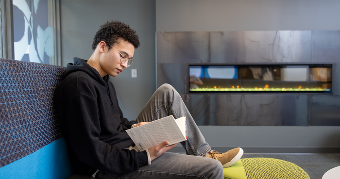 Bookshelves in library