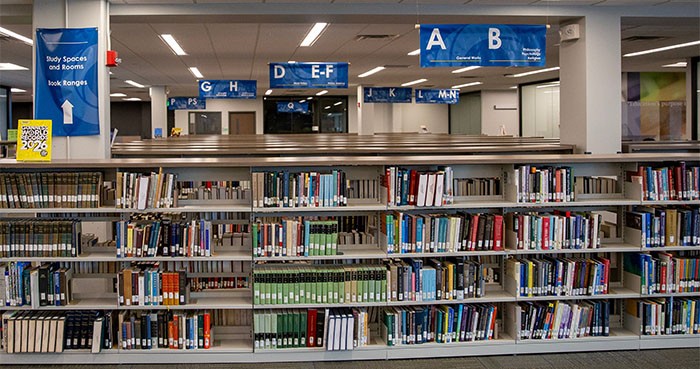 Bookshelves in library